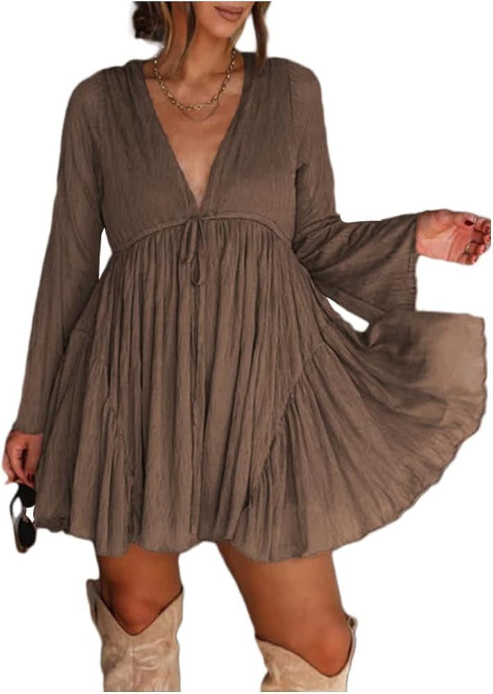 Womens Casual Long Sleeve Babydoll Dress for Party Fall 2025 Texture Mesh Swing Mini Beach Vacation Flowy Dress | Amazon (US)