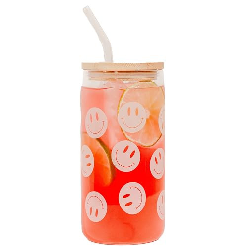 Sweet Water Decor Smiley Can Glass - 17oz. Drinking Glass Tumbler with Straw and Bamboo Lid - Iced Coffee and Smoothie Cups for Kitchen and Travel | Amazon (US)