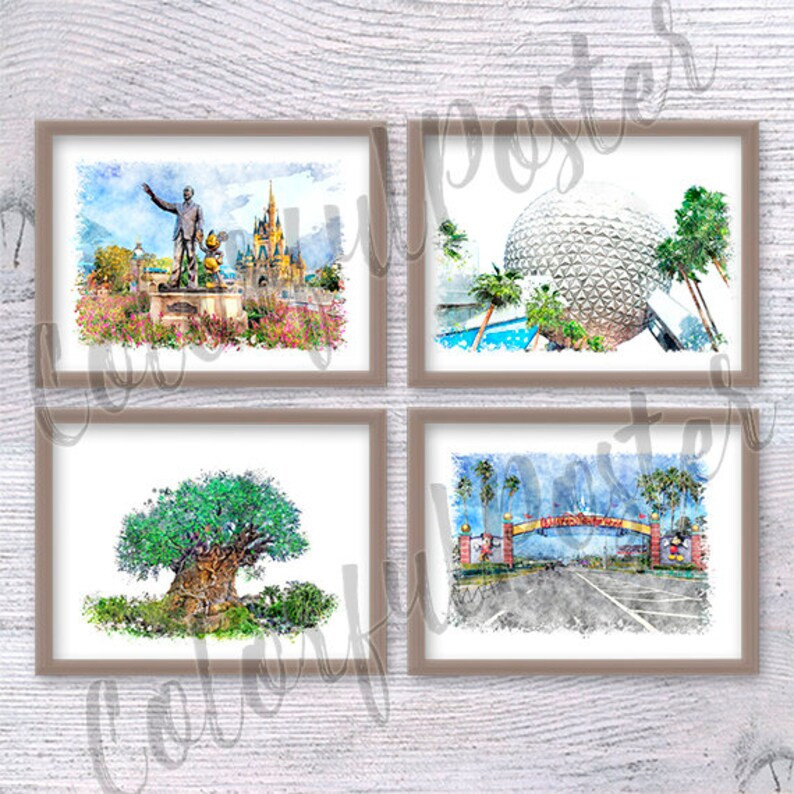 Disney Icons Set of 4 Disney Wall Decor Disney Theme Park Nursery Art Disney World Kids Room Deco... | Etsy (US)