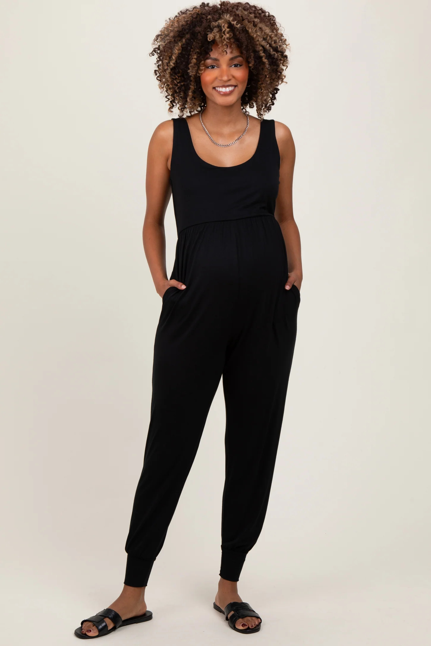 Black Scoop Neck Sleeveless Maternity Jogger Jumpsuit | PinkBlush Maternity