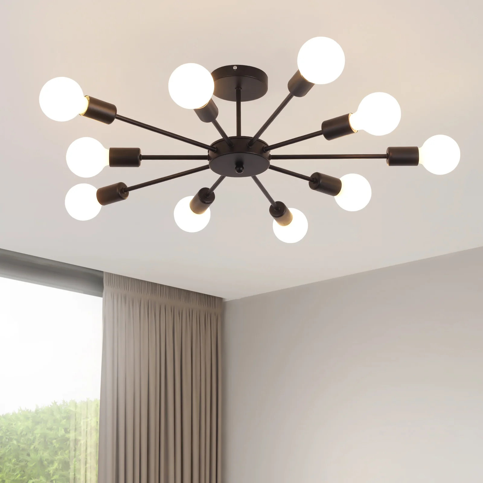Garwarm Flush Mount Ceiling Light,10-Light E26 Base Industrial Black Sputnik Chandelier,Modern Se... | Walmart (US)