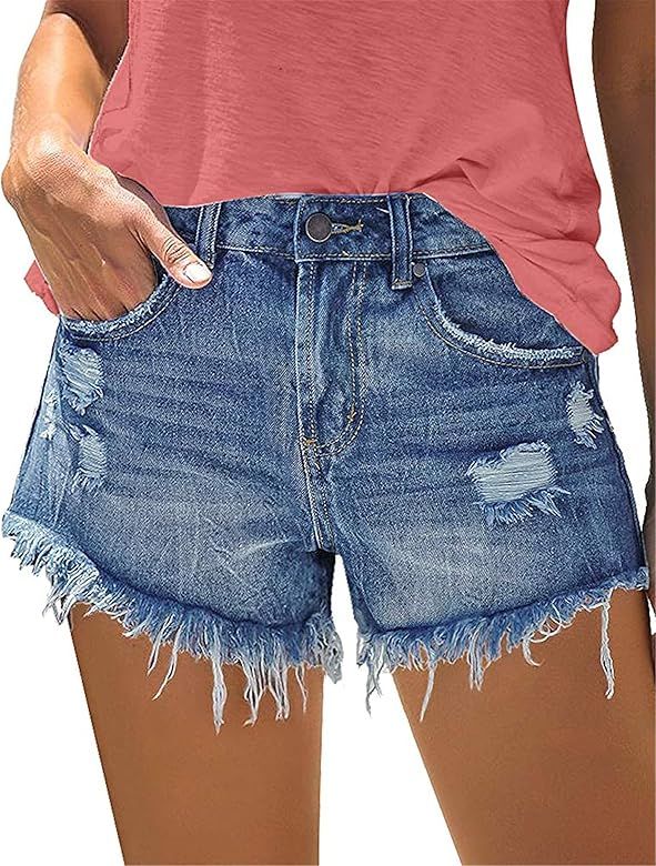 KISSMODA Women's Casual Denim Shorts Frayed Raw Hem Ripped Summer Jeans Rolled Up Stretchy Hot Sh... | Amazon (US)