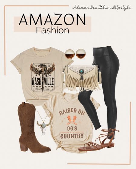 Amazon fashion! Amazon finds! Country concert t-shirts, western tees, brown cowgirl boots, brown lace up sandals, cream crossbody purse, and stud earrings! Country concert outfit idea! Casual outfit! 

#LTKSeasonal #LTKFind #LTKitbag