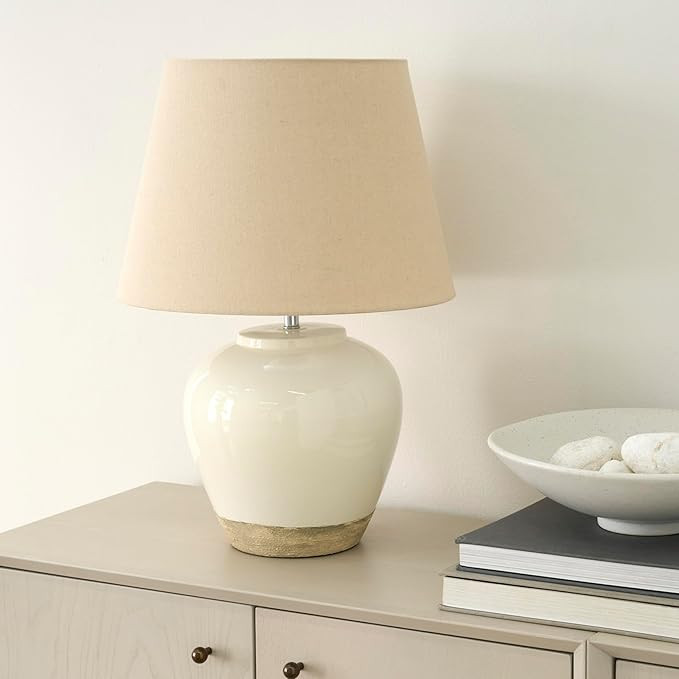 Nourison 20" White/Sand Farmhouse Ceramic Pot Table Lamp for Bedroom, Living Room, Console, Entry... | Amazon (US)