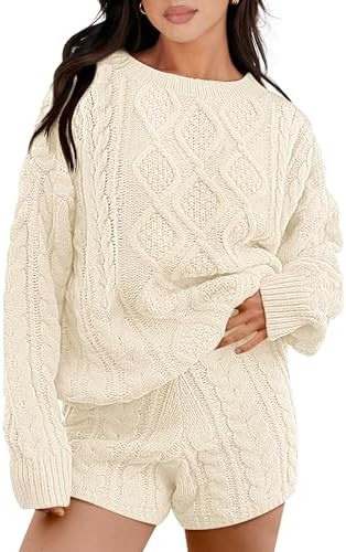 ANRABESS Womens 2 Piece Outfits Fall Sweater Lounge Sets | Cable Knit Oversized Sweaters Shorts M... | Amazon (US)