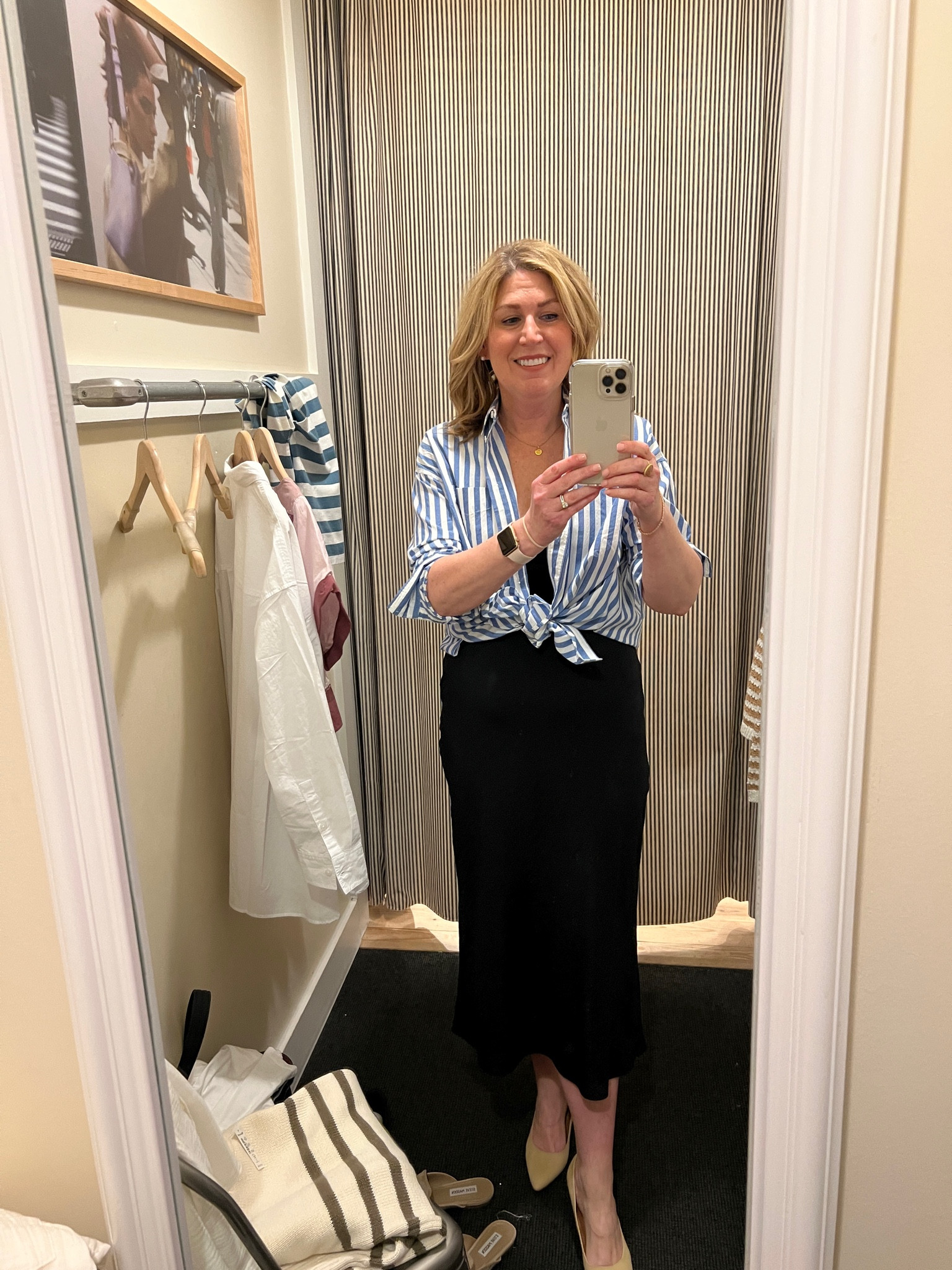 Fabulous and trendy black slip dress. Side zip. Runs tts. Striped overstized shirt. Runs tts. Pair dress with a white tee, or denim jacket… so many options. 

#LTKSale #LTKFind #LTKstyletip