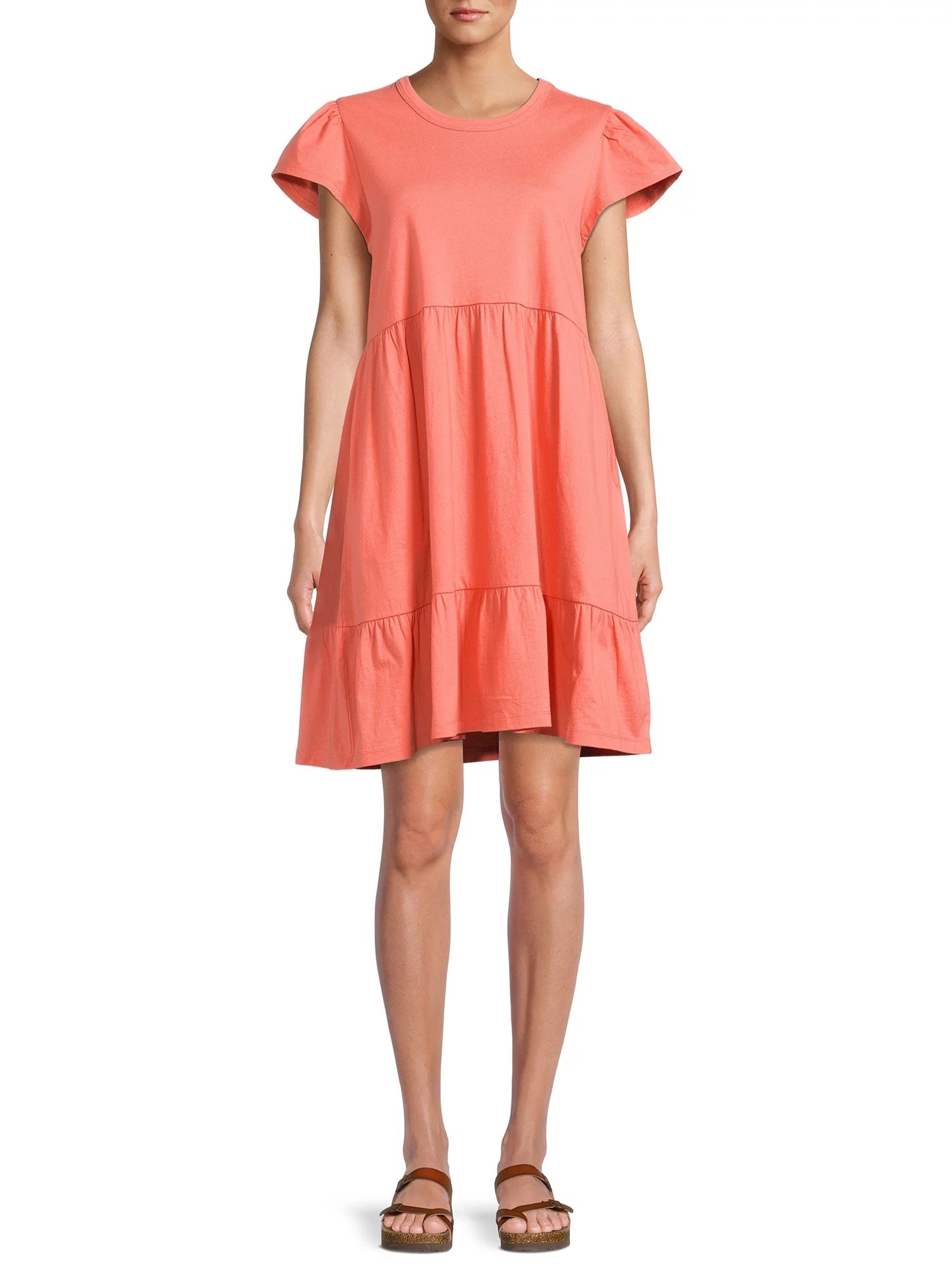 Time and Tru Women's Short Sleeve Tiered Knit Dress with Pockets | Walmart (US)