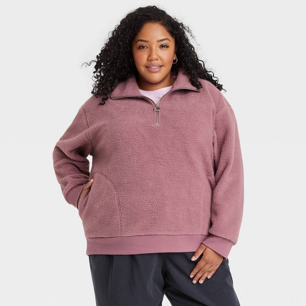 Women's Plus Size Sherpa Quarter Zip Pullover Sweatshirt - Ava & Viv Mauve 2X, Pink | Target
