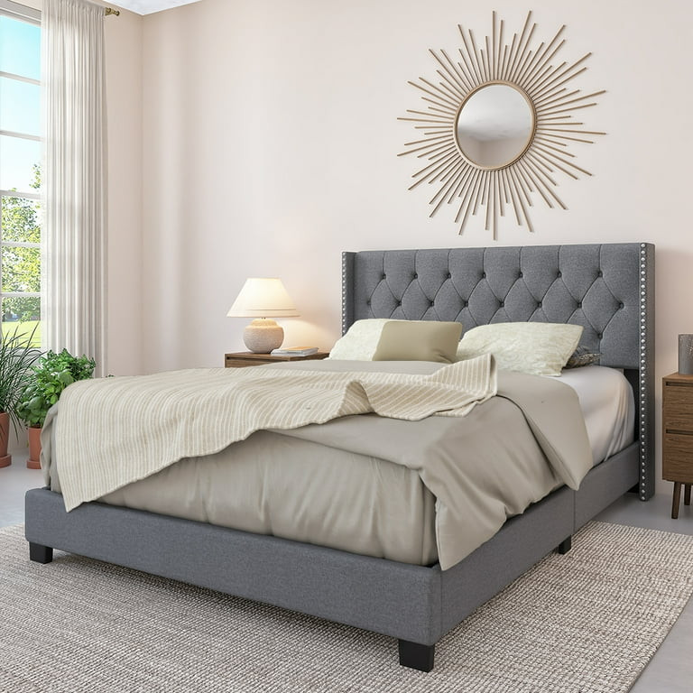 DG Casa Bardy Diamond Tufted Upholstered Wingback Headboard with Nailhead Trim Panel Bed Frame, Q... | Walmart (US)
