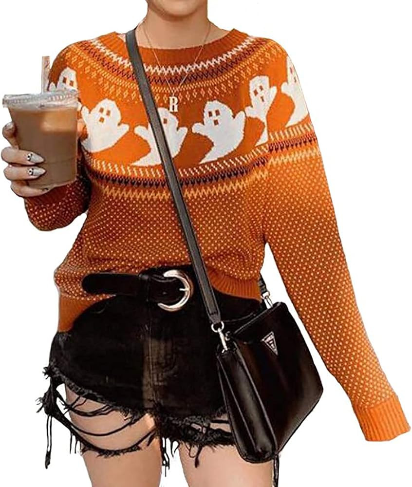 YEMOCILE Knitted Sweater for Women With Cute Ghost Pattern Gothic Streetwear with Long Sleeves fo... | Amazon (US)