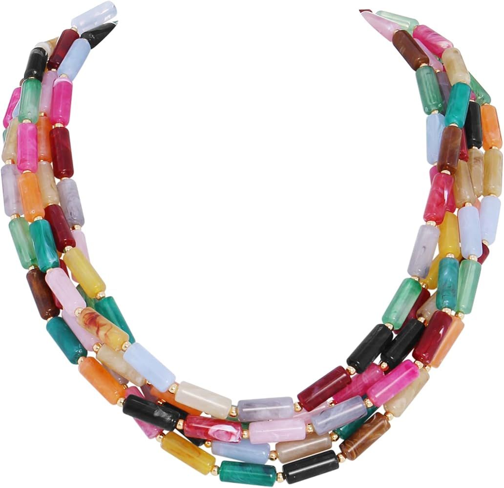 Firstmeet Chunky Beads Necklace Acrylic Multi Layered Jewelry Statement Necklace Handmade Strand | Amazon (US)