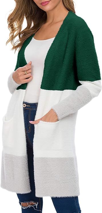 QIXING Women's Casual Open Front Knit Cardigans Long Sleeve Plush Fuzzy Sweater Coat with Pockets | Amazon (US)