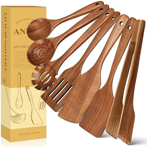 ANBUY Wooden Spoons for Cooking, Teak Cooking Utensils Set, Kitchen Wood Spatula, No Toxic Pasta Strainer Spoon Tongs, Comfort Grip for Serving, Flipping, Heat Resistant, Lightweight & Durable(7 PCS) | Amazon (US)