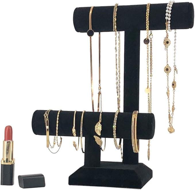 7TH VELVET 2 Tiers Black Velvet Jewelry Tower Bracelet Holder Jewelry Display Stand Desktop Jewel... | Amazon (US)