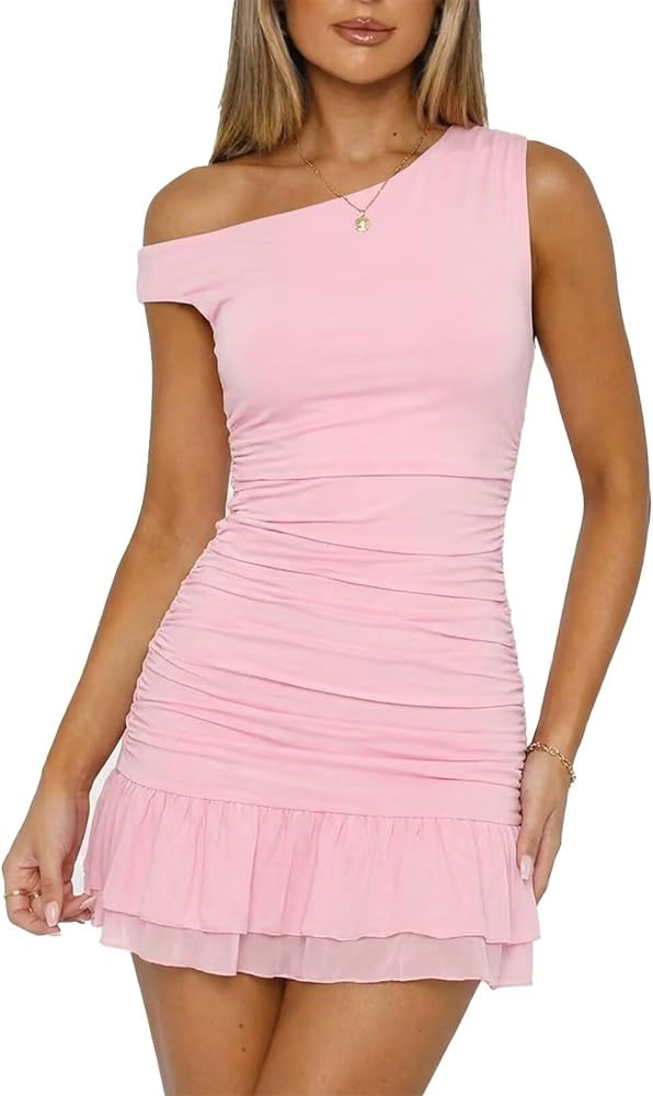 kaimimei Women Sexy Ruched Mesh Bodycon Mini Dress Summer Off The Shoulder Ruffle Hem Club Party ... | Amazon (US)