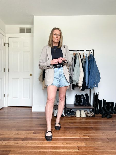 Spring outfit. Spring outfit idea. Summer outfit. Summer outfit idea. Casual outfits. Dressy casual outfit. Dressy casual outfit idea. Oversized blazer. Basic black tee. Mom denim shorts. High waisted shorts. Mesh ballet flats. Basic mom outfit. Casual outfit idea. Casual outfit. Everyday outfit. Mom outfit. 

#LTKFindsUnder100 #LTKFindsUnder50 #LTKSeasonal