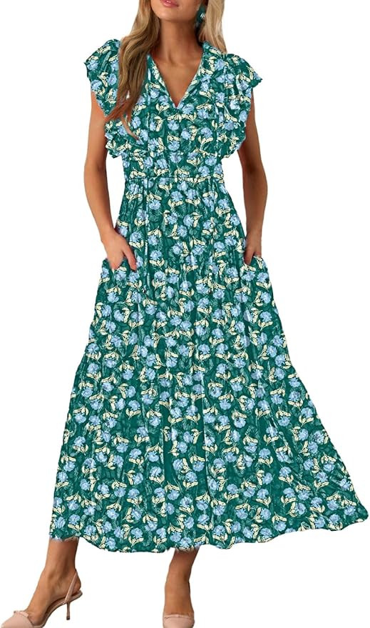 BLENCOT Womens Floral Maxi Dresses Casual Flowy Boho Dresses Summer Ruffle Short Sleeve V Neck Dr... | Amazon (US)