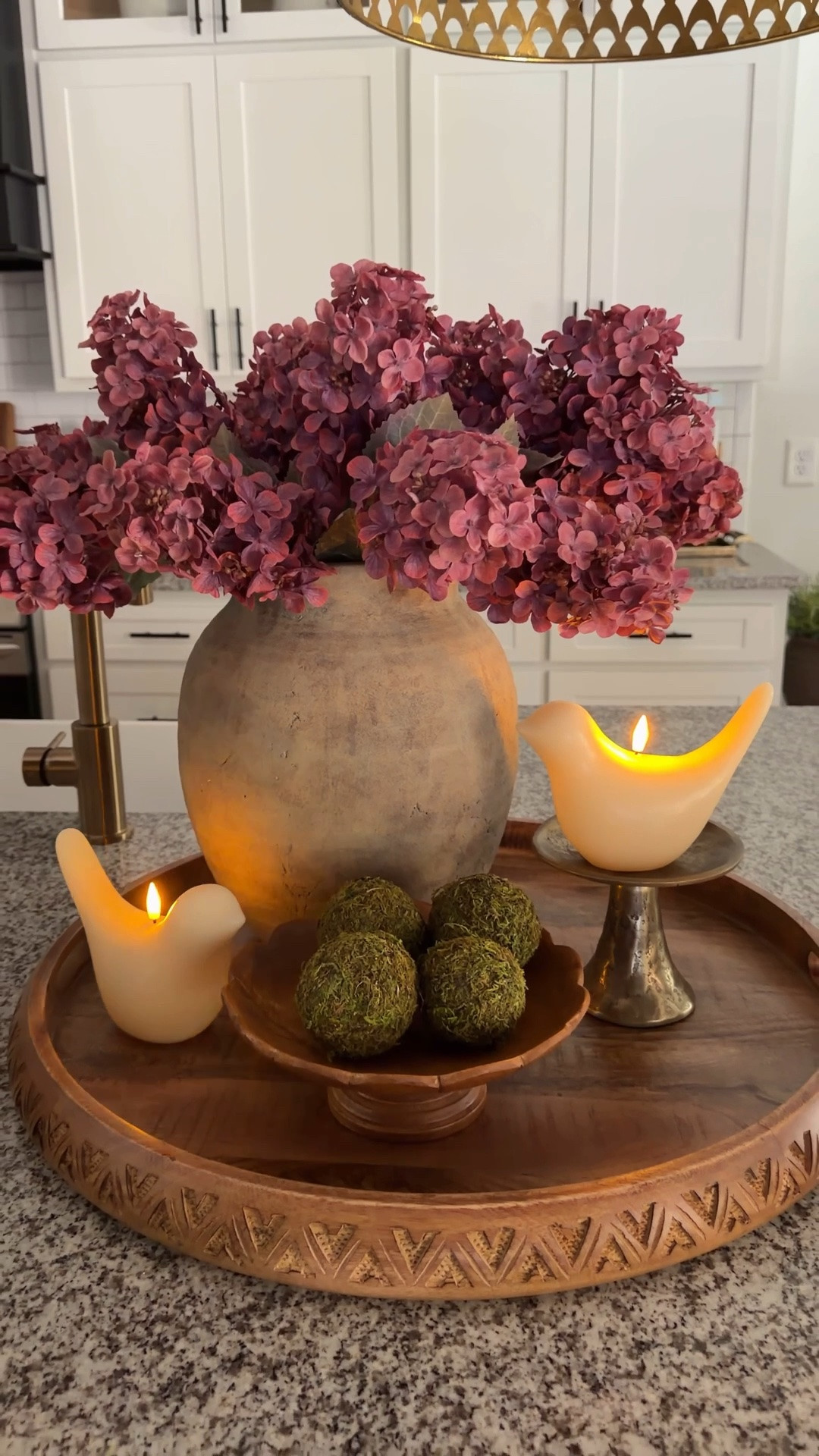 love these hydrangeas! They’re so pretty, budget-friendly, and can easily be used year-round. The flameless bird candles are another favorite of mine, and I added a bowl filled with moss balls to complete the look.

And if you’ve been eyeing this tray, now is the time to grab it—it’s about to sell out!