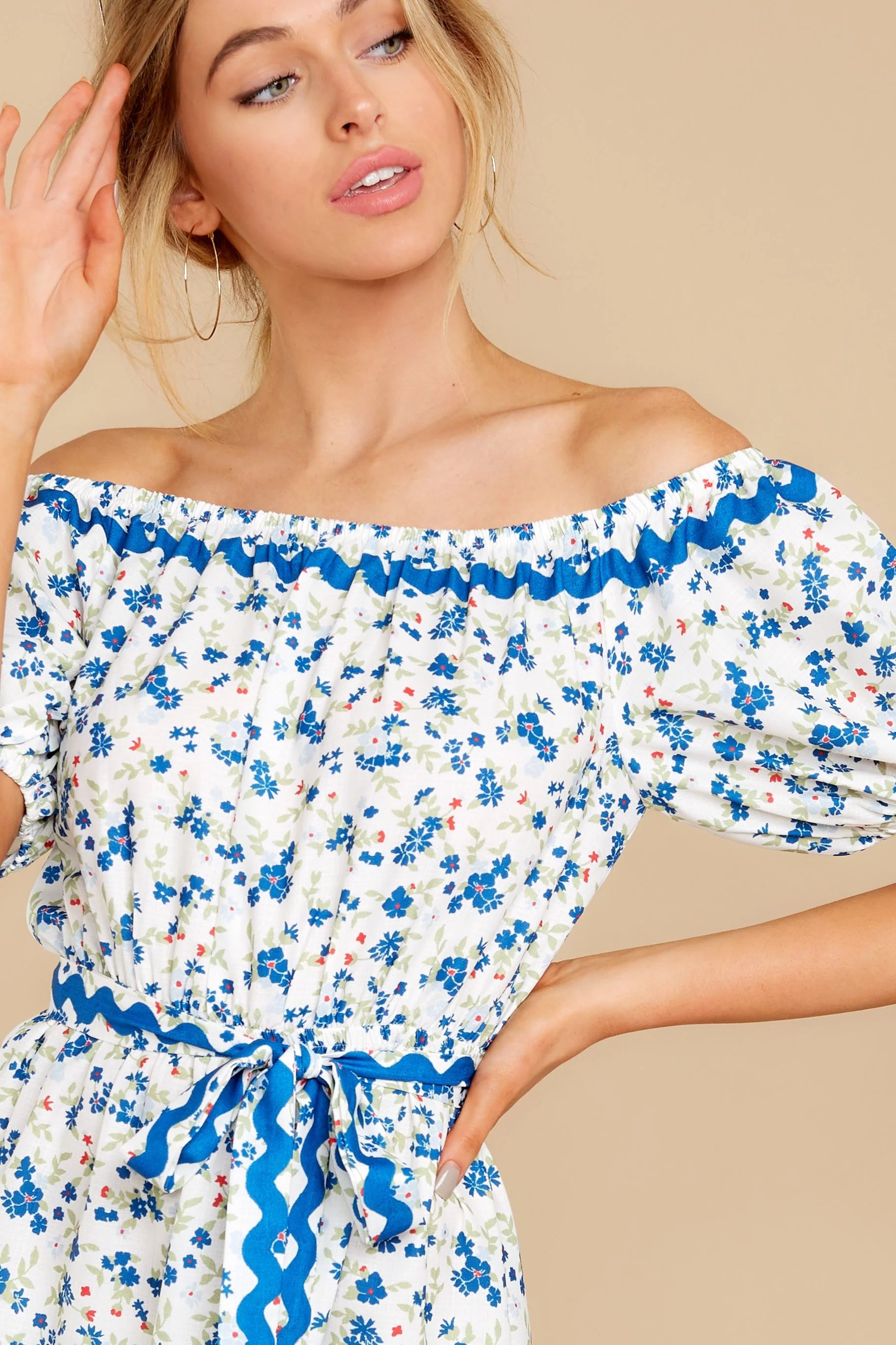 Happy About It Blue Floral Print Off The Shoulder Dress | Red Dress 