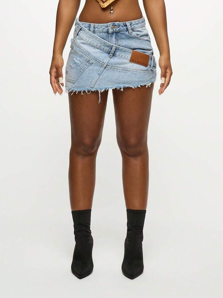 SUMWON WOMEN Deconstructed Mini Denim Skirt High Waist Raw Hem Light Blue Summer Festival Asymmetric Design Street Style Party Club Fashion Statement Piece | SHEIN