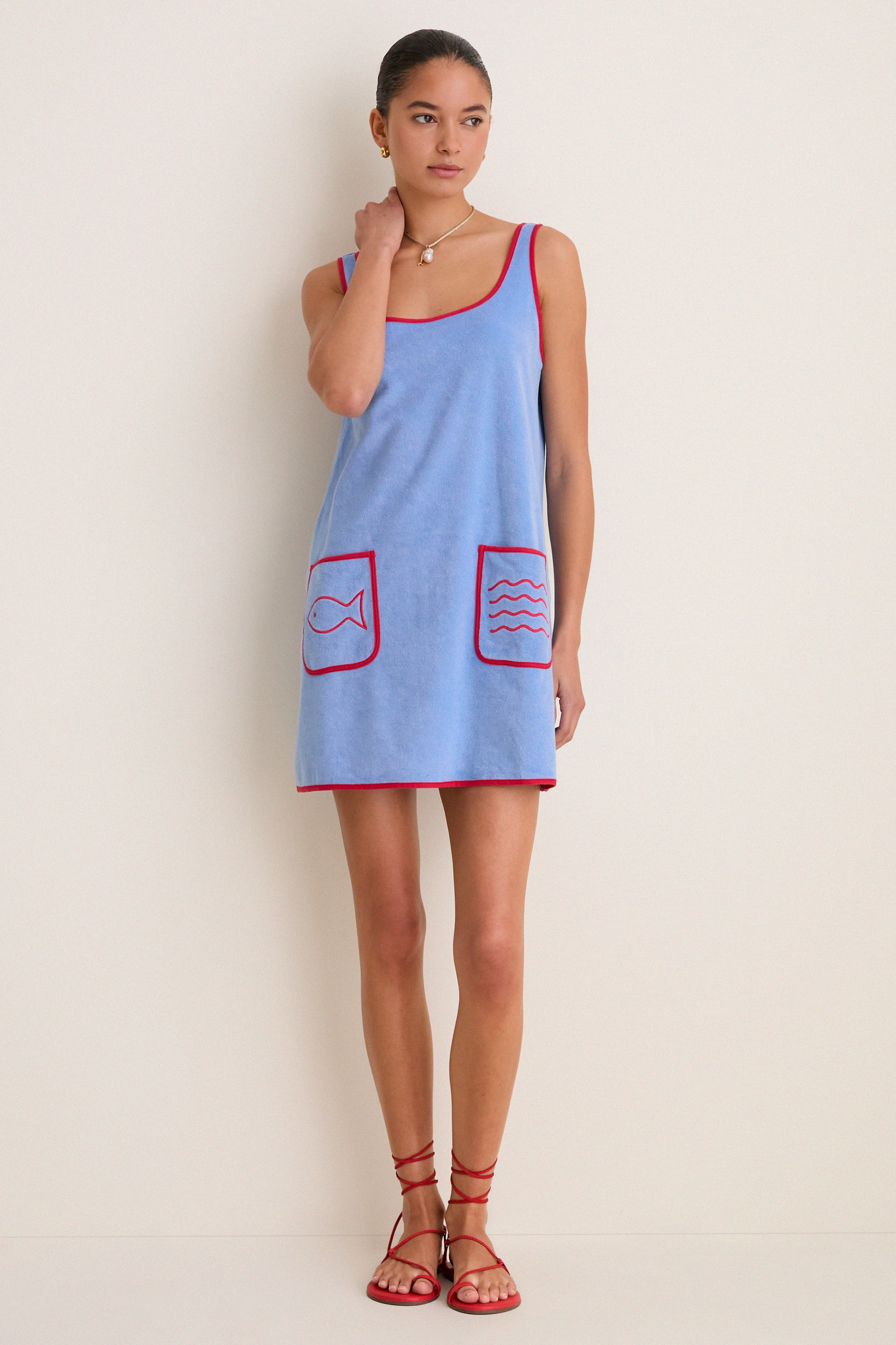 Powder Blue and Poppy Embroidered Mini Terrycloth Coverup | Tuckernuck (US)