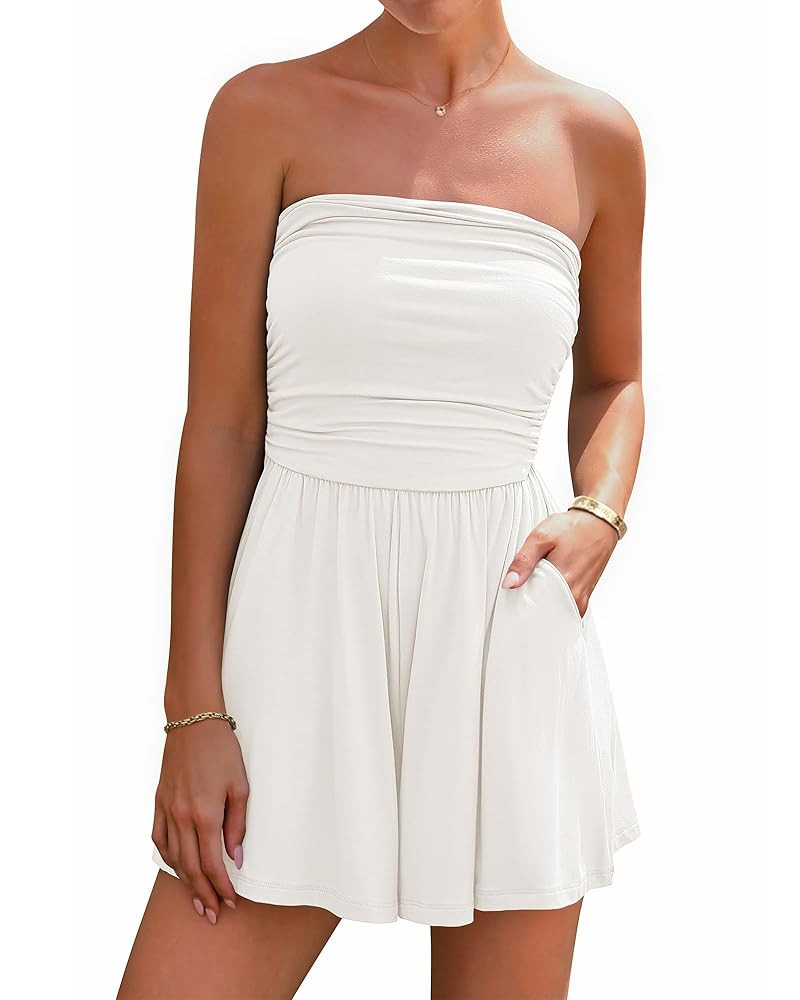 BTFBM Summer Womens Romper 2025 Strapless Tube Top Beach Vacation Clothes Ruffle Boho Loose Short... | Amazon (US)