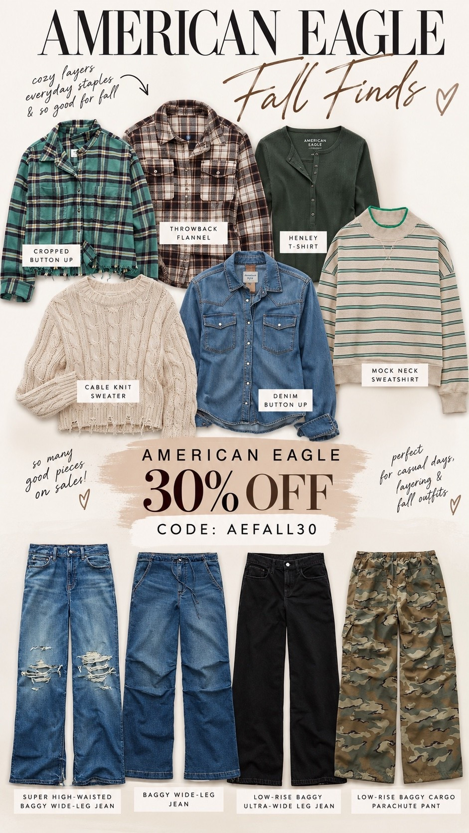 @ae fall sale + 30% off code AEFALL30. Huge savings on staple fall pieces. Most excited for the corduroy camo pants!

#LTKSaleAlert #LTKOver40 #LTKMidsize