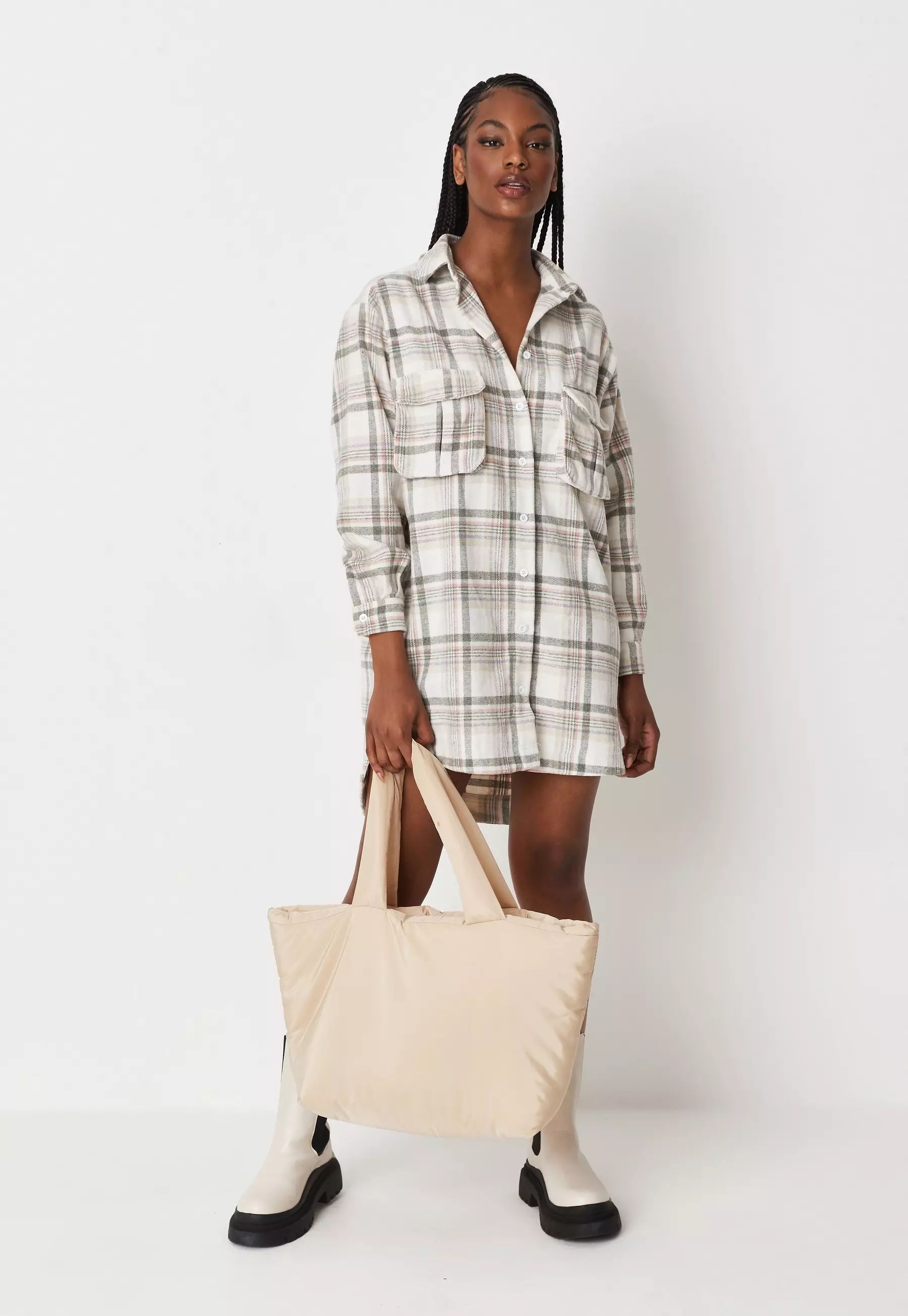 Missguided - White Plaid Oversized Shirt Dress | Missguided (US & CA)