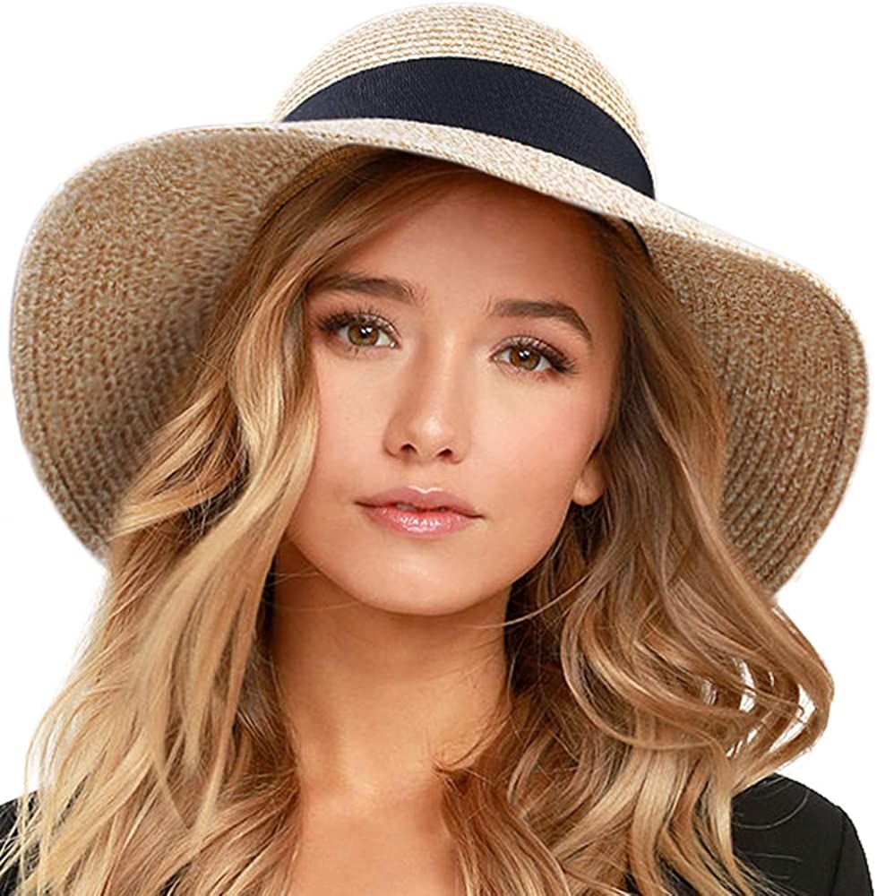 FURTALK Womens Beach Sun Straw Hat UV UPF50 Travel Foldable Brim Summer UV Hat (Aa-Mixed Beige, Medi | Amazon (US)