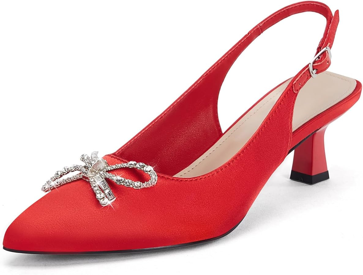 Coutgo Womens Kitten Heels Satin Pumps Slingback Pointed Toe Rhinestone Bow Wedding Dress Shoes | Amazon (US)