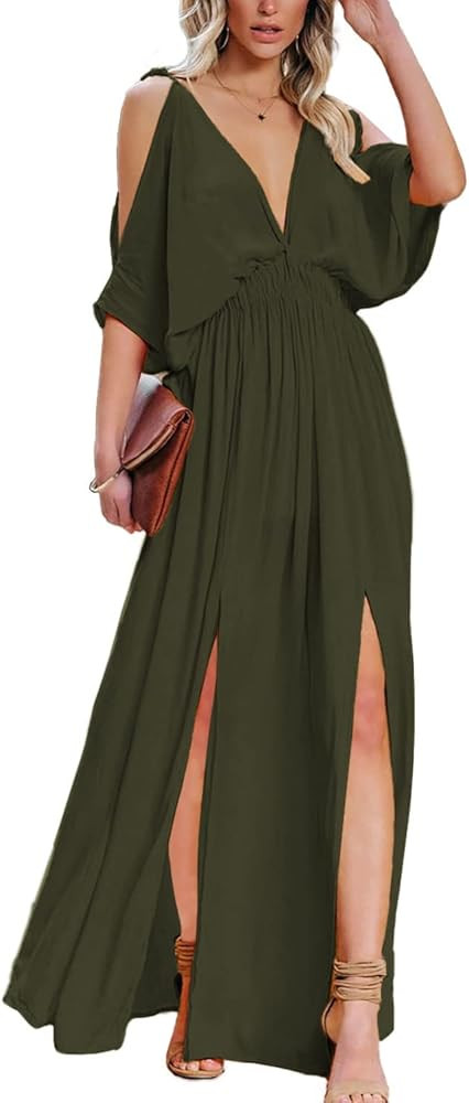 DEEP SELF Women Summer V Neck Cold Shoulder Short Sleeve Maxi Dress High Waist Split Wedding Gues... | Amazon (US)
