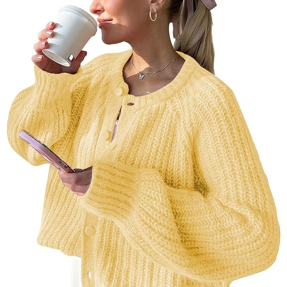 FindThy Women’s Chunky Knit Cardigan Long Sleeve Button Down Crewneck Fall Sweater Coat | Amazon (US)