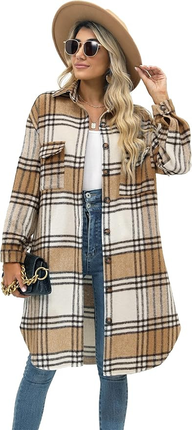 PUWEI Women's Long Flannel Plaid Jacket Shacket Cozy Lapel Button Down Shirt Jacket Fuzzy Trench ... | Amazon (US)