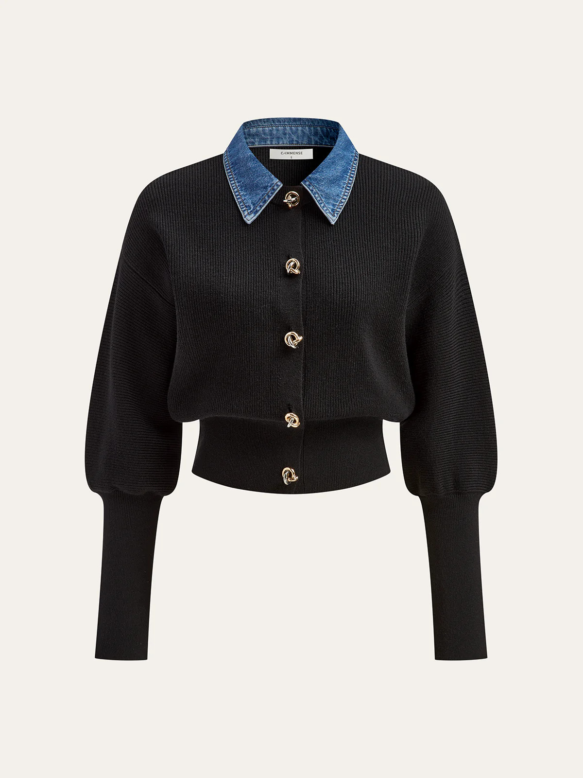 Wool Blend Denim Collar Puff Sleeve Cardigan | Commense