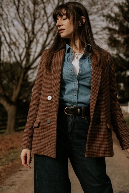 A layered double denim outfit with plaid wool blazer. Denim button down shirt, white tee shirt, wide leg denim and black belt. #sezane 
Citizens of Humanity Ayla Baggy Cuffed Crop jeans outfit  