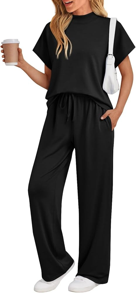 AUTOMET Women's Mock Neck 2 Piece Lounge Set Matching Summer Loose Fit Wide Leg Pants Set | Amazon (US)