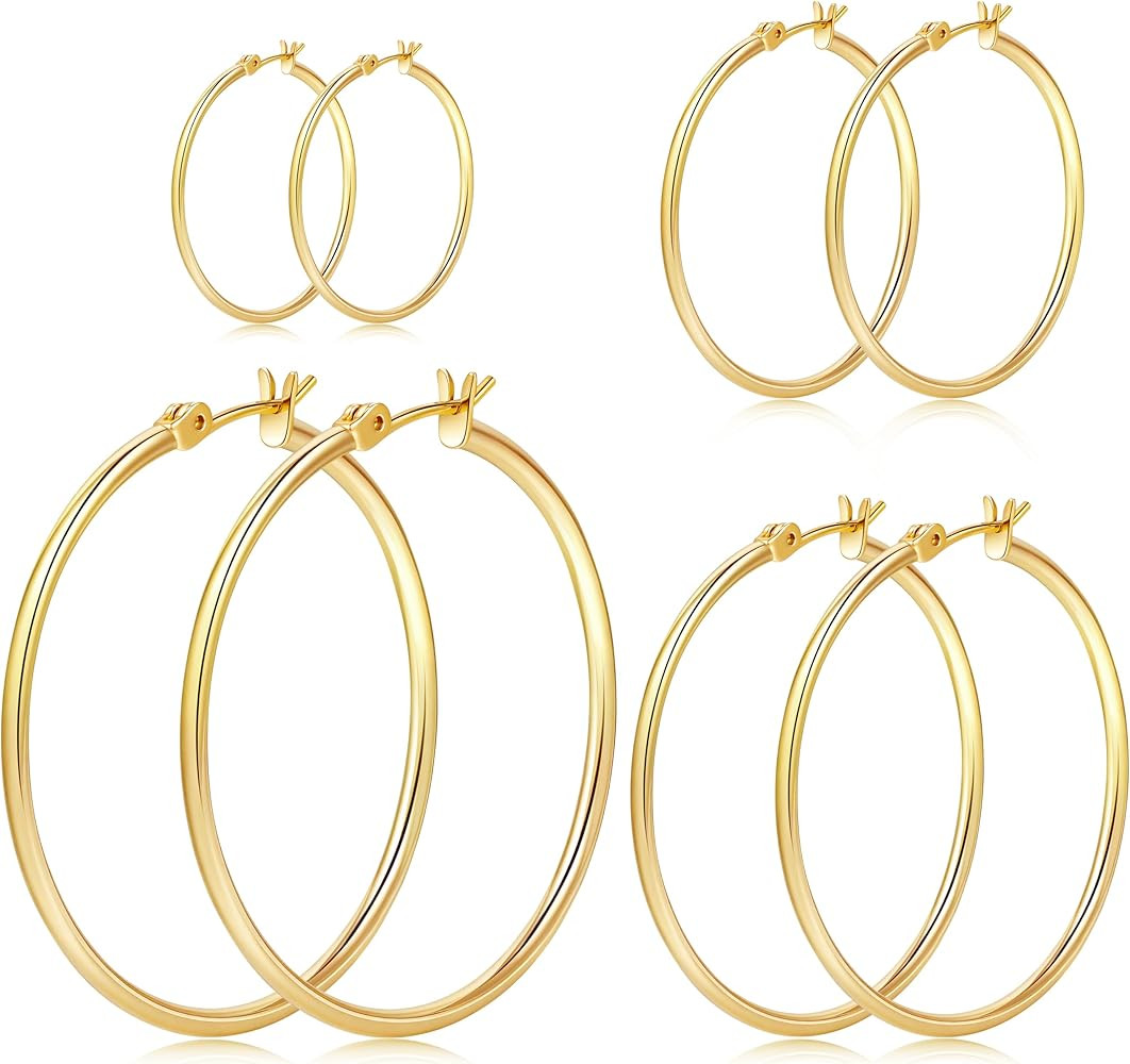 Gold Hoop Earrings Set for Women,14k Gold Plated Gold Hoops with Sterling Silver Post Hypoallerge... | Amazon (US)