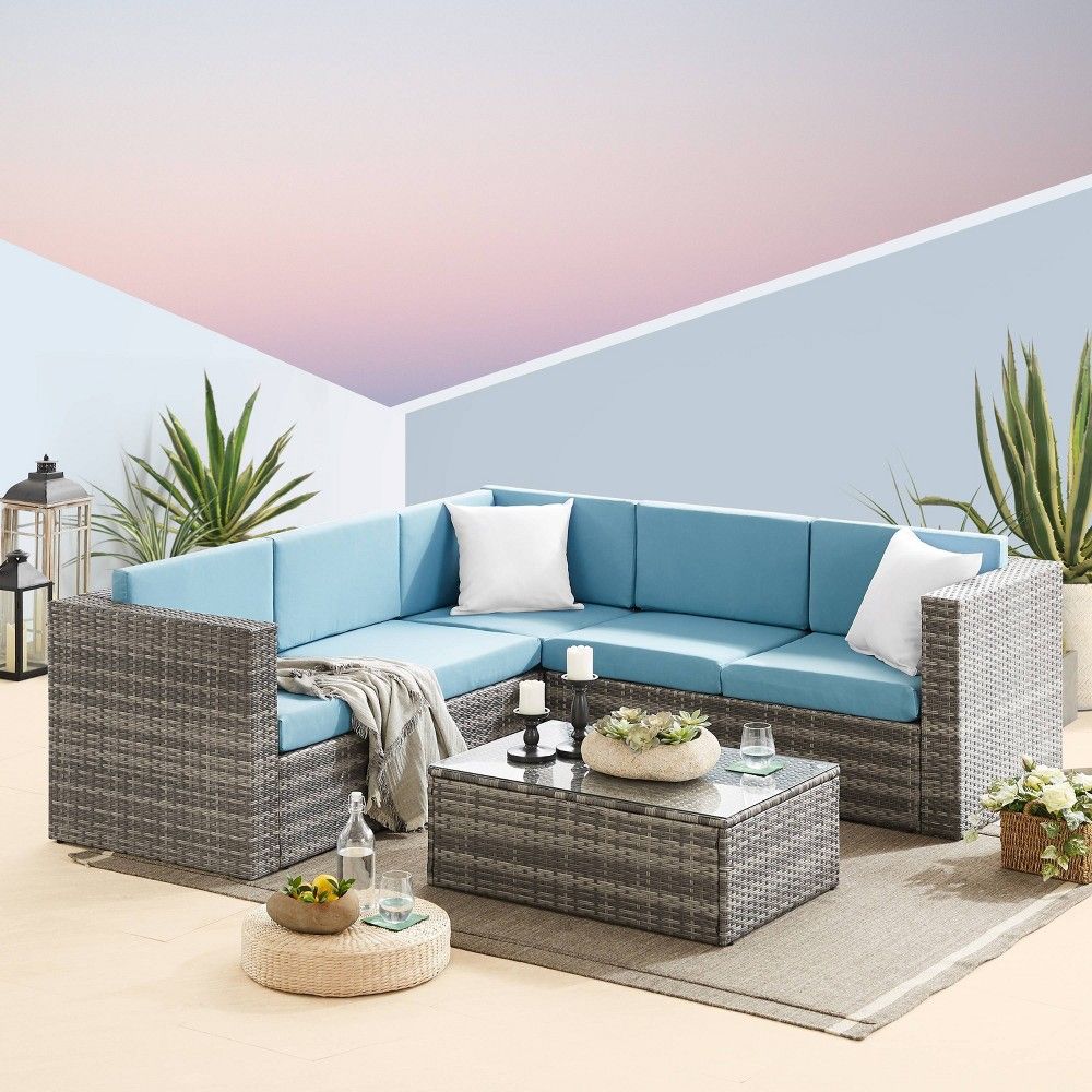 4pc Patio Furniture Sets PE Wicker Rattan Outdoor Cushions Sectional Sofa with Storage Temp - Blue - | Target