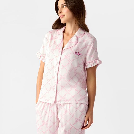 Ruffle Sateen Short Sleeve Long Pajamas | Mark and Graham