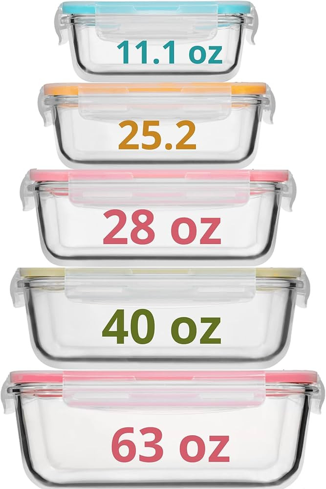 Razab 10 PC Glass Food Storage Containers with Multi Color Lids - 63, 40, 28, 25 & 11 Oz Airtight... | Amazon (US)