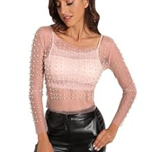 Modegal Women's Pearl Rhinestone See Through Long Sleeve Mesh Blouse One Piece Cover Up Crop Top | Amazon (US)