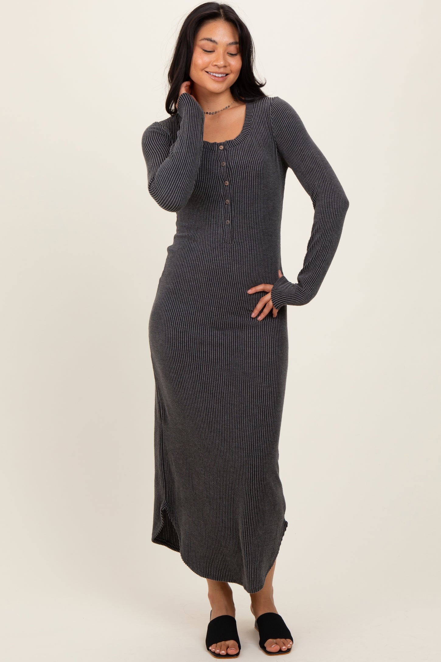 Charcoal Button Up Ribbed Knit Long Sleeve Midi Dress | PinkBlush Maternity