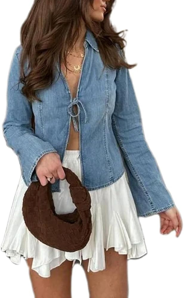 Denim Tie Front Tops for Women Lapel Collar Long Sleeve V Neck Blouse Jean Jacket Going Out Shirt... | Amazon (US)