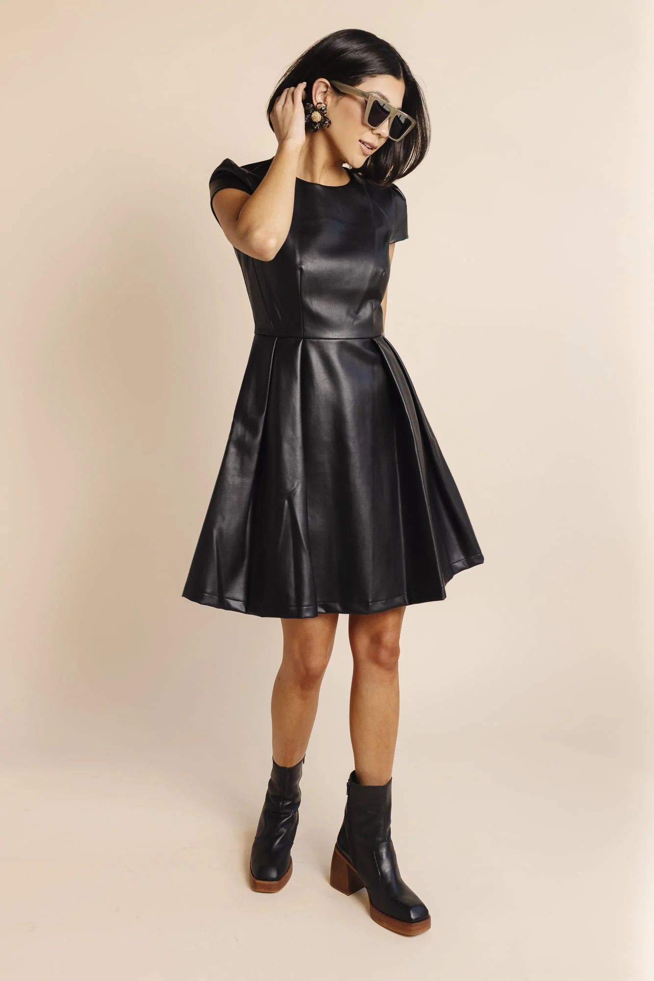 Vegan Leather Flare Dress - Black | Rachel Parcell