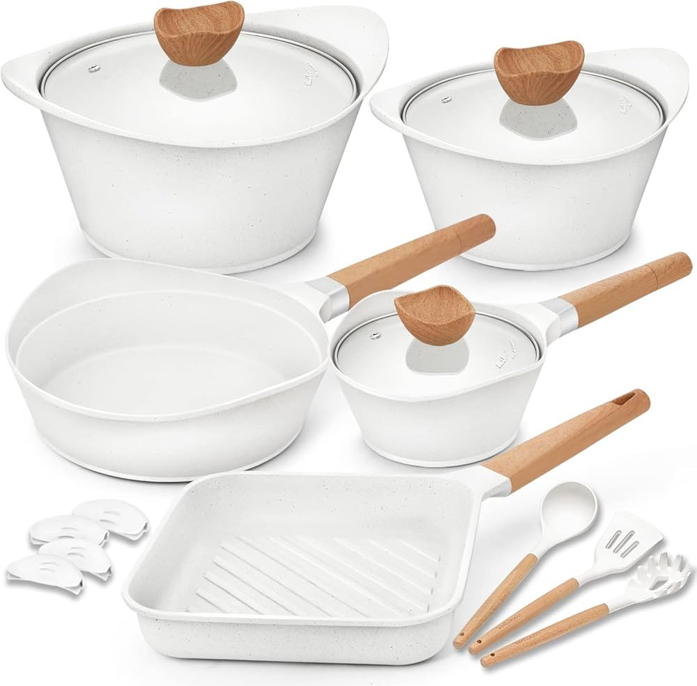 Nonstick Cookware Set Non Toxic 100% PFOA Free Compatible Induction Pots and Pans Sets with Glass... | Amazon (US)