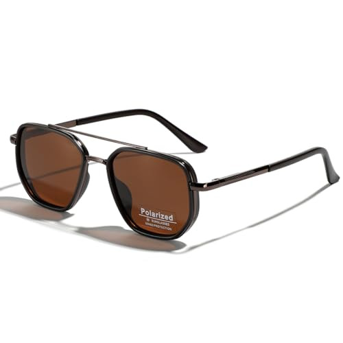 weiyuchen Polarized TR90 Sunglasses Vintage Square Flattop Sun Glasses Double Bridge Metal UV400 Eyewears (brown) | Amazon (US)