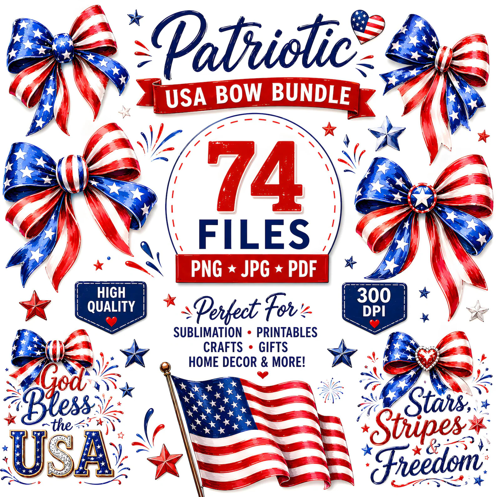 74 USA Coquette Bow Bundle, Patriotic American Flag Clipart (png, jpg, pdf) | Etsy (Global)