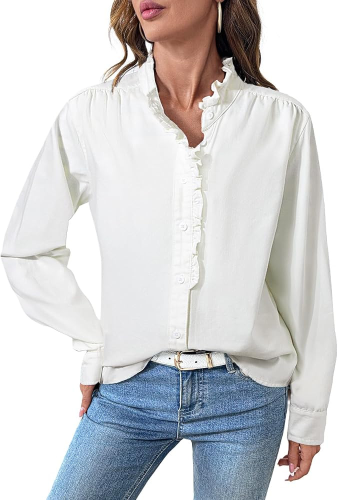 Sidefeel Womens Button Ruffled Edge Denim Shirt, White, Small | Amazon (US)