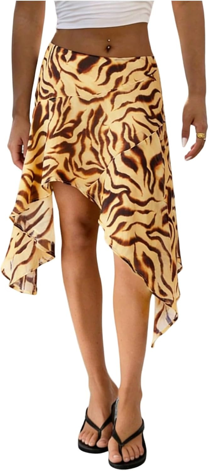 MakeMeChic Women's Zebra Print Skirt Striped Fall Asymmetrical Midi Skirts | Amazon (US)