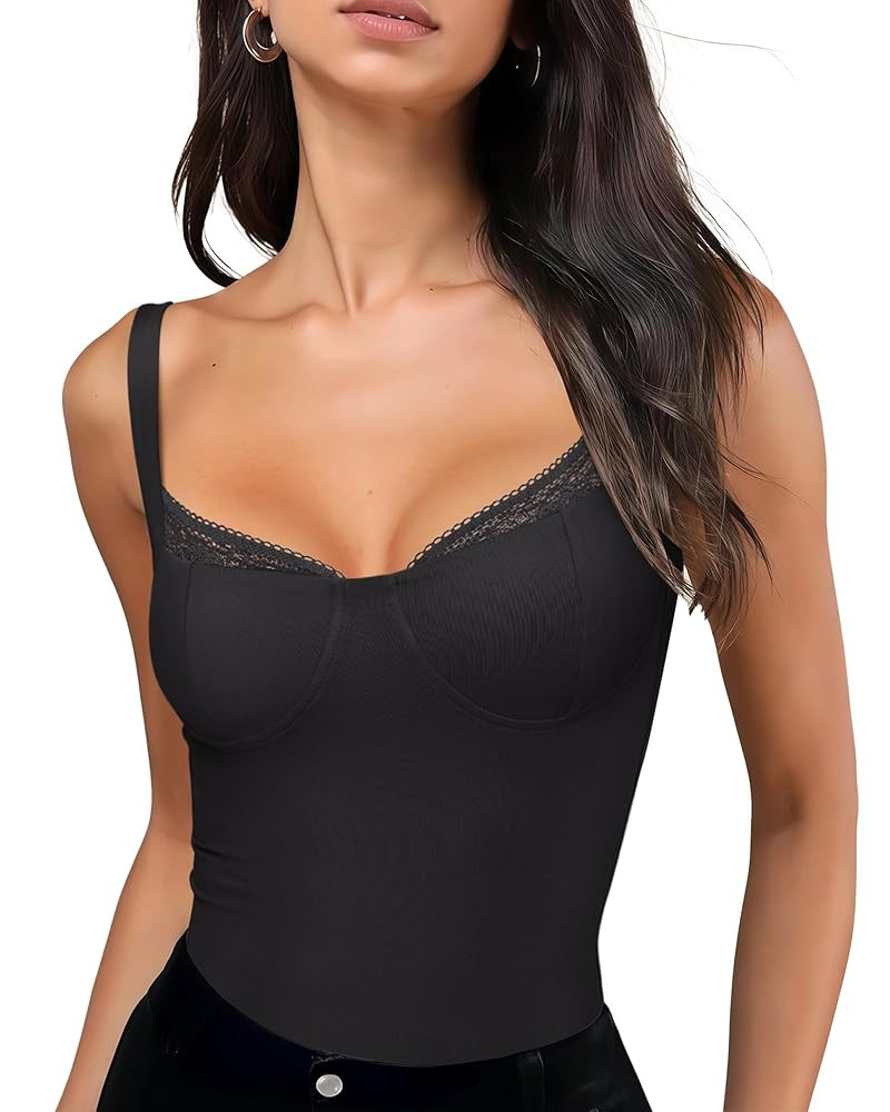 REORIA Lace Trim Tank Top Bodysuit for Women Sleeveless Square Neck Sexy Thong Bodysuit Going Out... | Amazon (US)